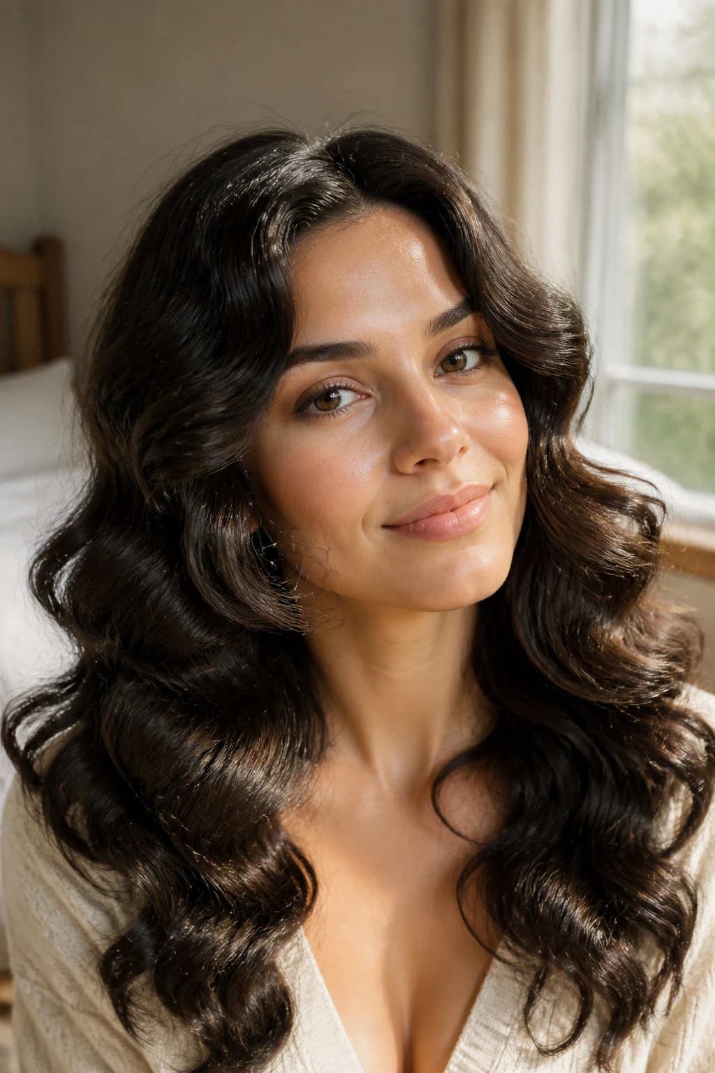 Close-up portrait of a real woman with satin-set overnight waves in warm bedroom light.