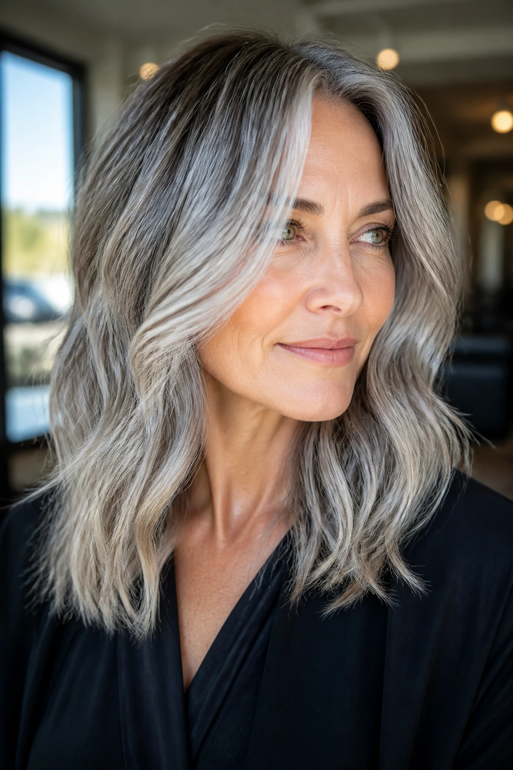 Close-up portrait of a real woman with satin silver balayage hair framing her face