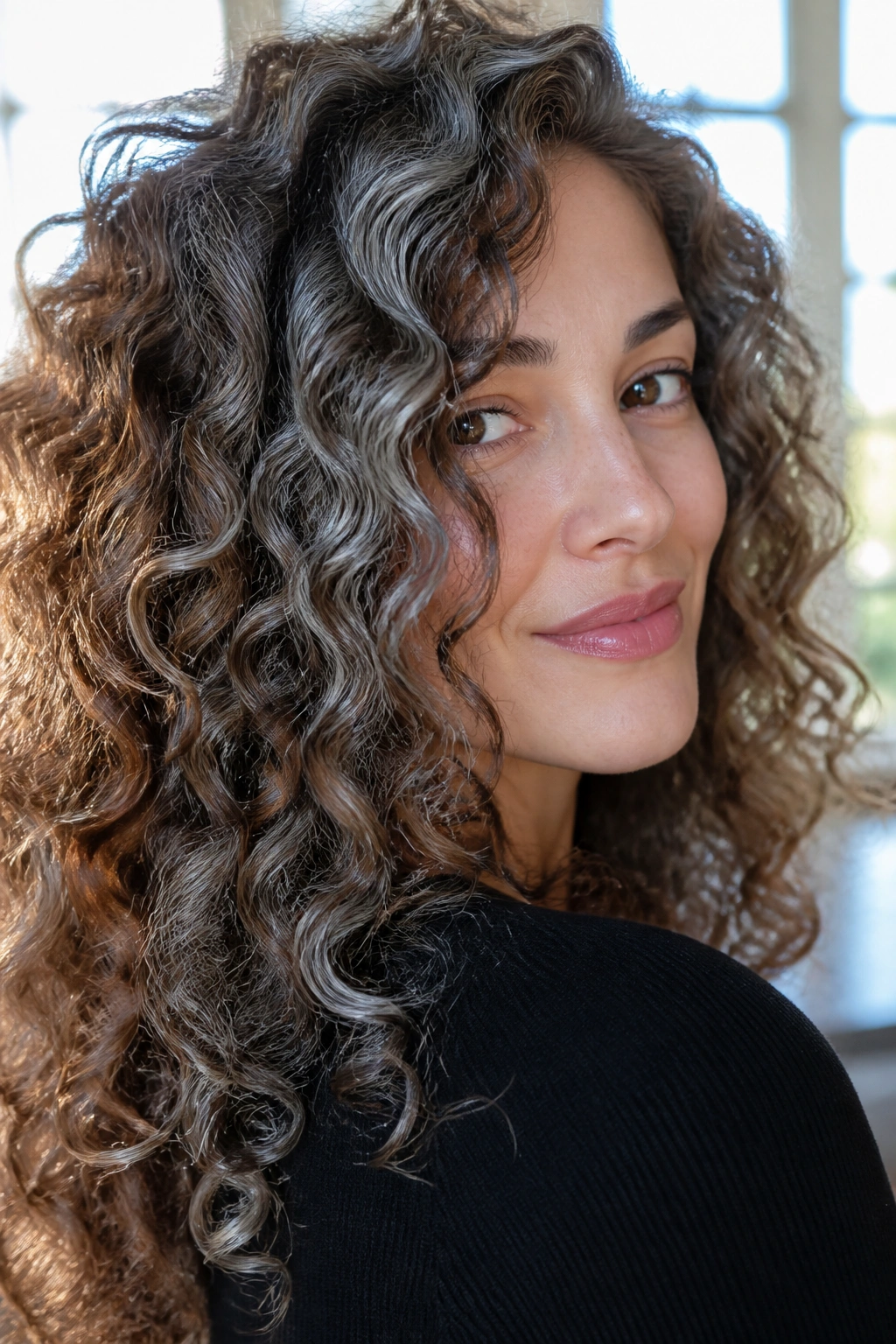 Close-up portrait of a real woman with satin silver melt on chestnut curls