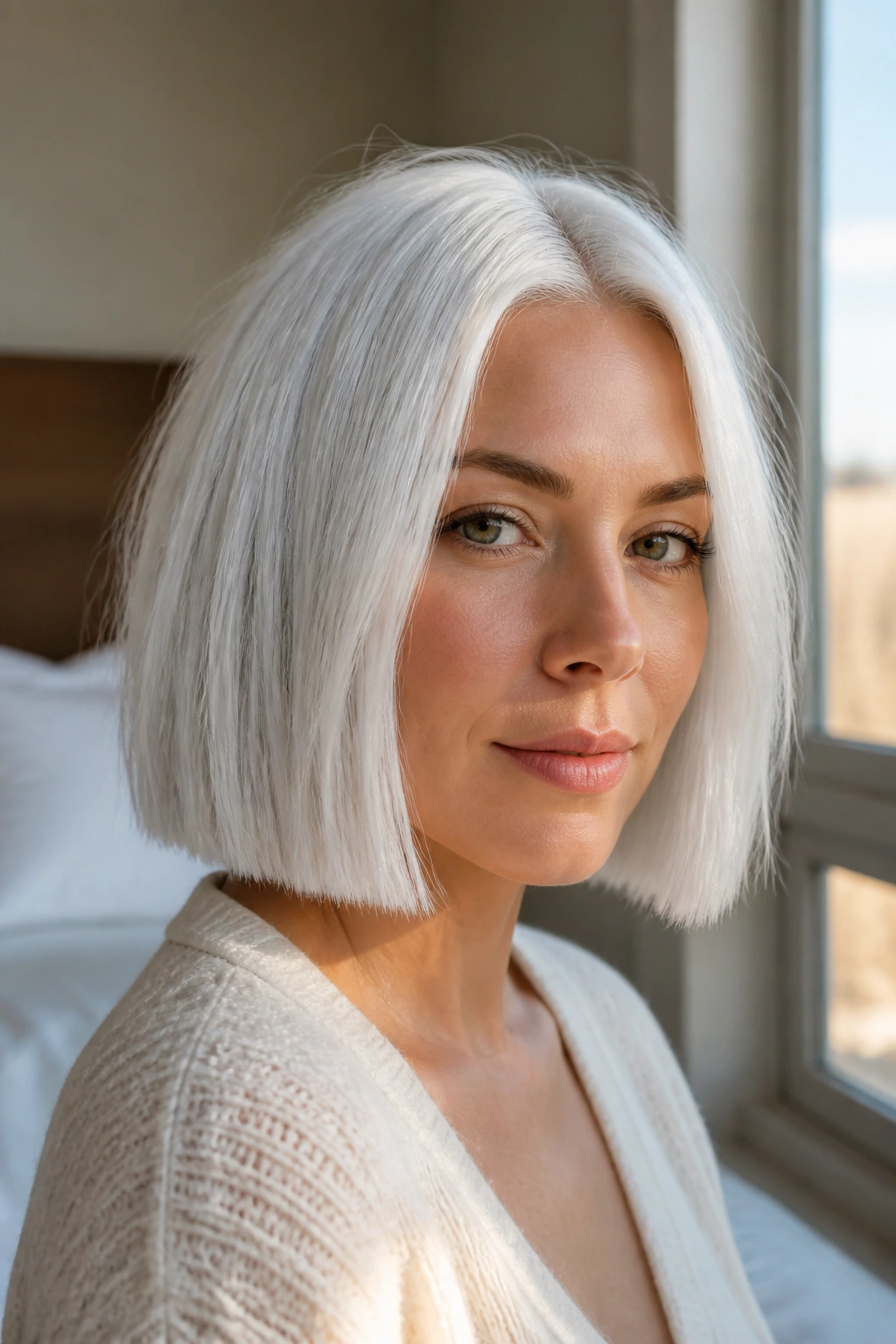 Close-up of a real woman with Satin White Blunt Bob with Micro-Texture in window light