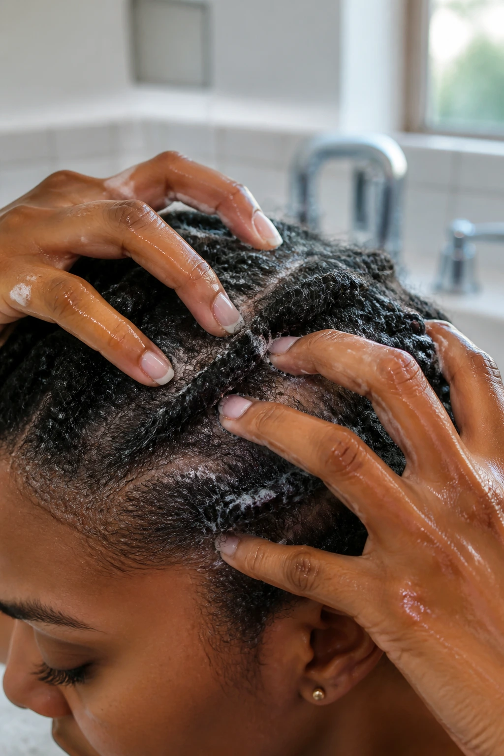 Close-up of a real person's scalp being massaged with shampoo in a bathroom
