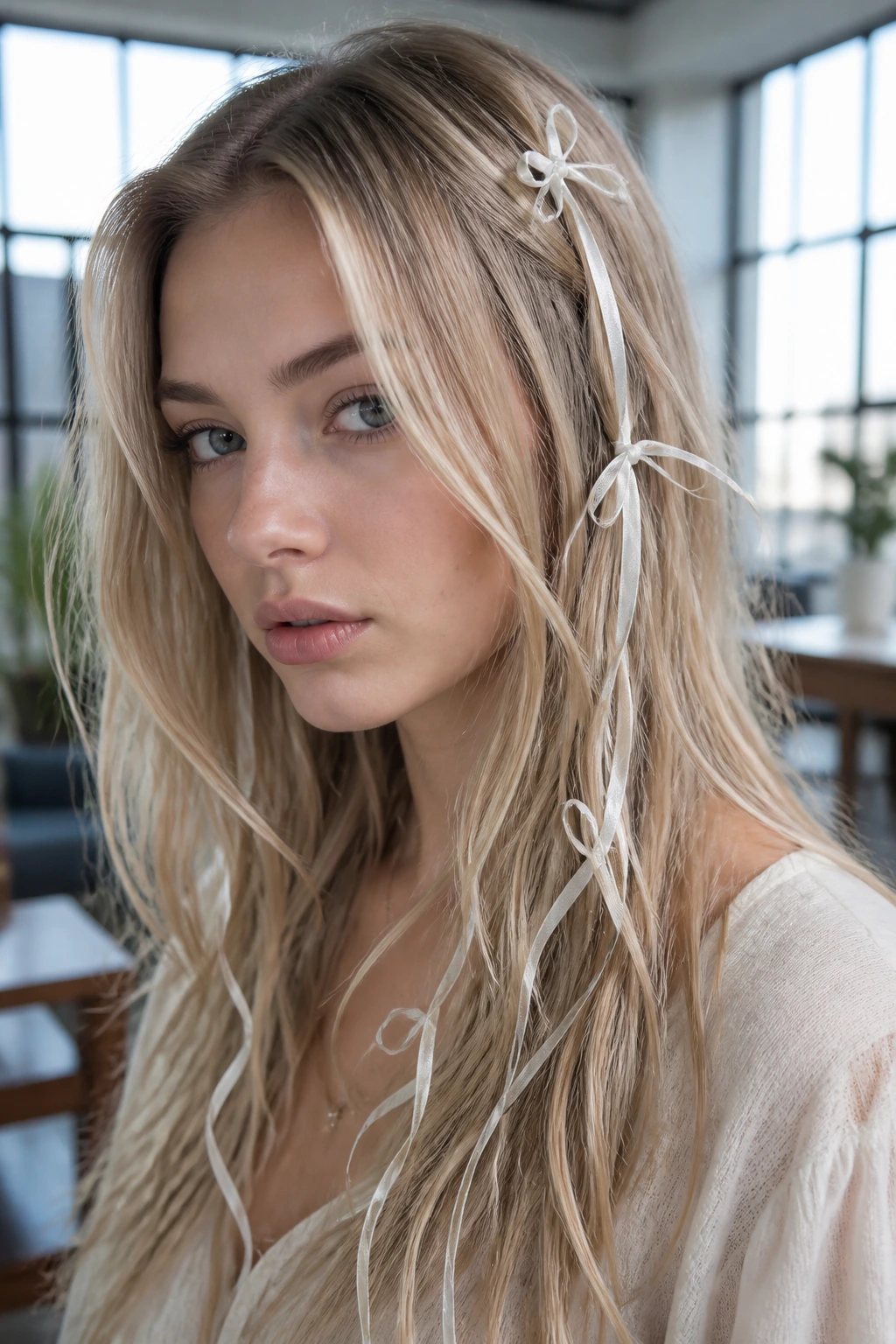 Portrait of a real woman with Scandi beige blonde and near-white ribbons in hair