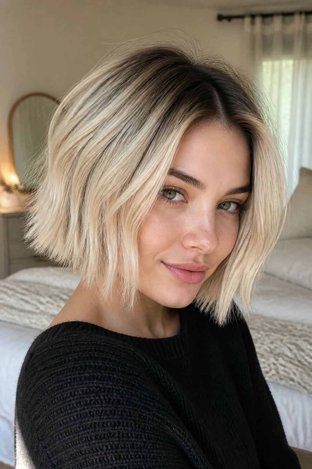 Close-up of a real woman with a Scandi blonde bob showing a deep root and textured ends
