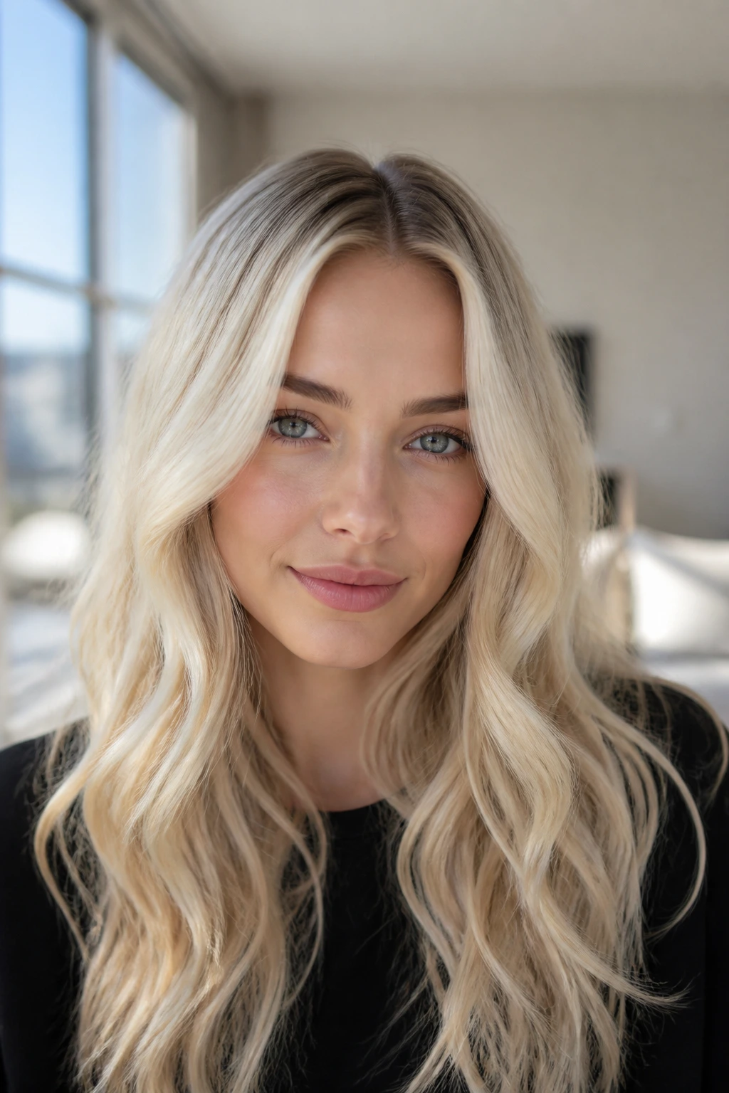 Close-up portrait of a real woman with pale Scandi blonde hair in soft waves under bright daylight