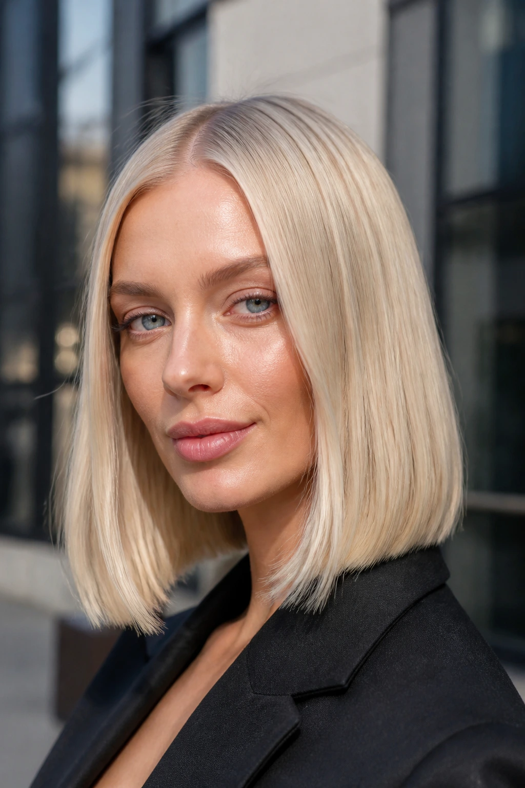 Scandi blonde sharp-part lob on real woman with pale blonde and a bold center part