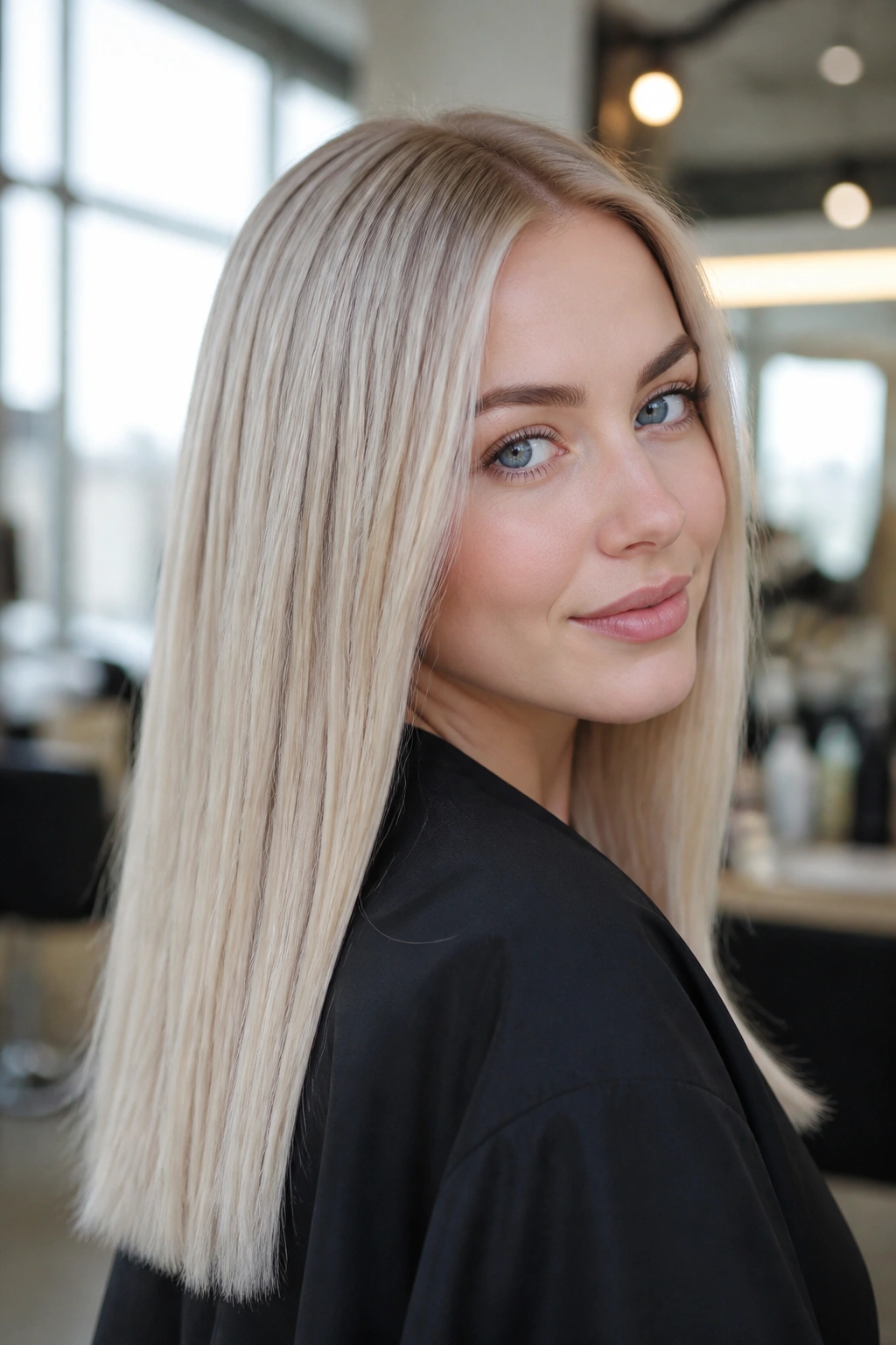 Close-up of a woman with Scandi buttery blonde on cool skin in a bright salon