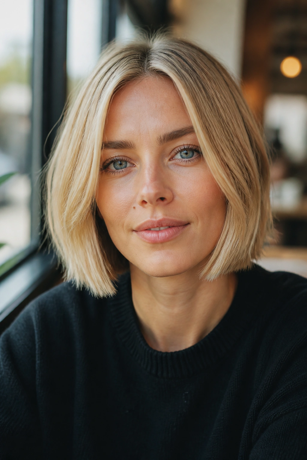 Close-up of a woman with a jaw-length Scandi center-part bob in natural daylight