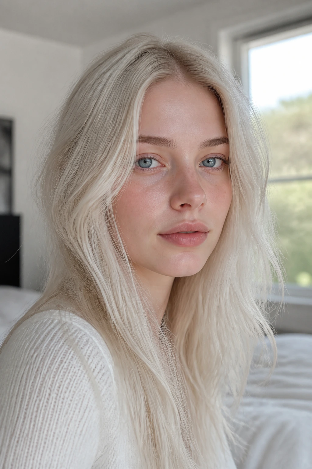 Close-up portrait of a real woman with near-white ash blonde hair in natural window light