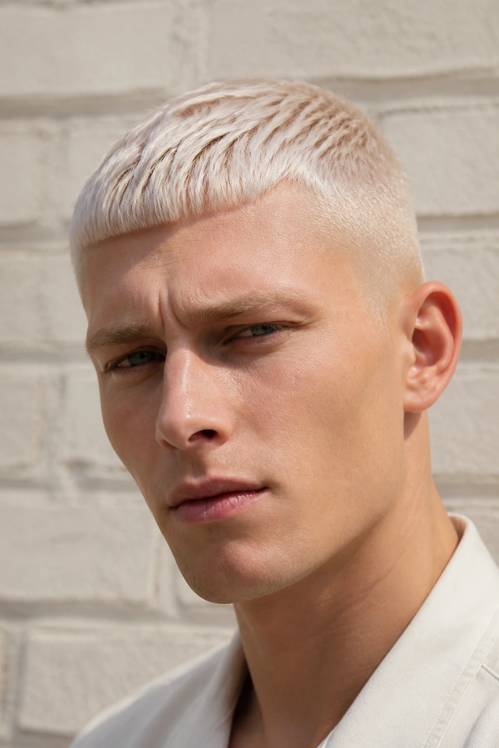 Close-up portrait of a man with an ultra-short pale blonde crop in daylight
