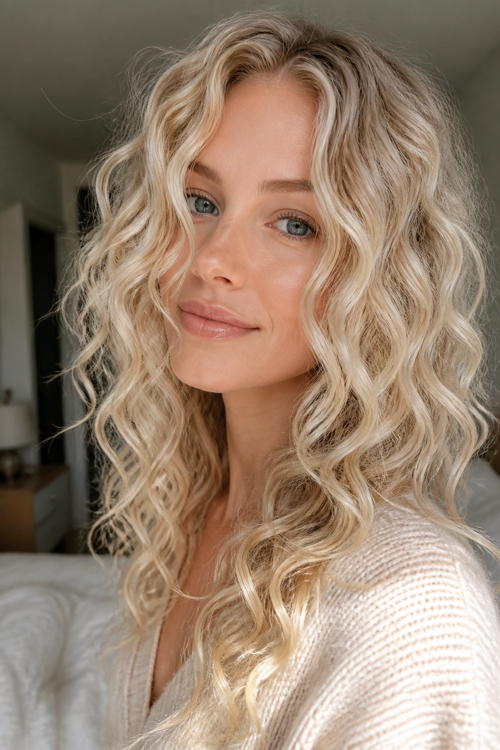 Close-up portrait of a real woman with Scandinavian bright blonde curls in natural window light