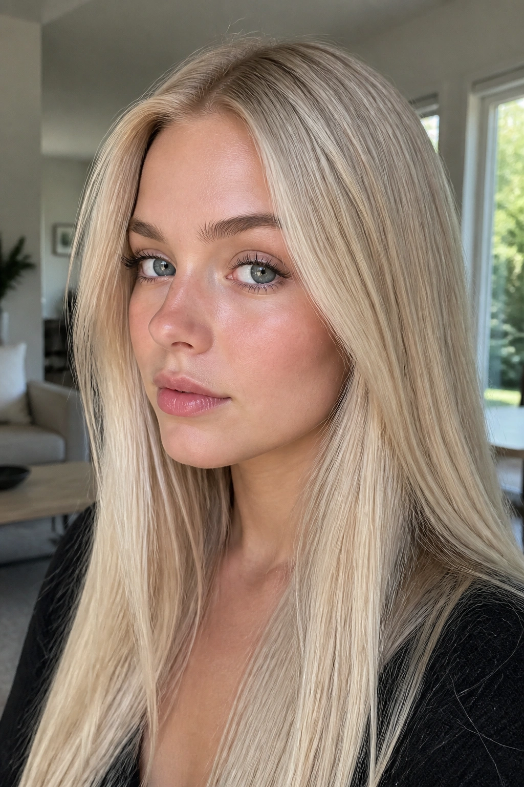 Close-up portrait of a real woman with pale Scandinavian blonde hair and a soft root melt.