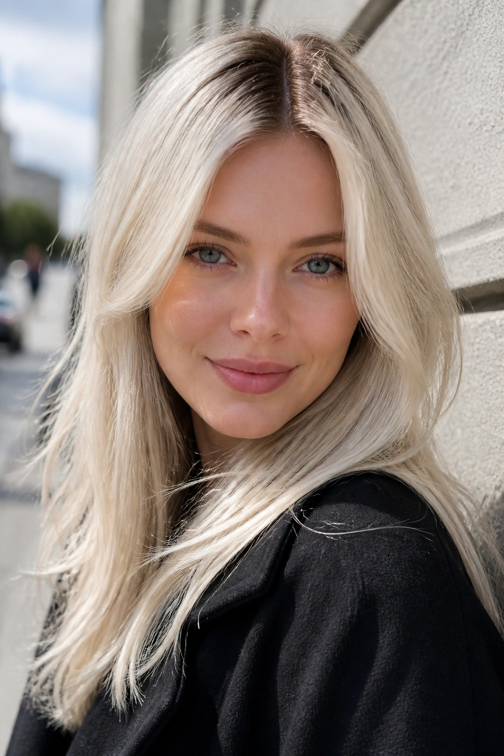 Close up portrait of a real woman with Scandinavian blonde and shadow root