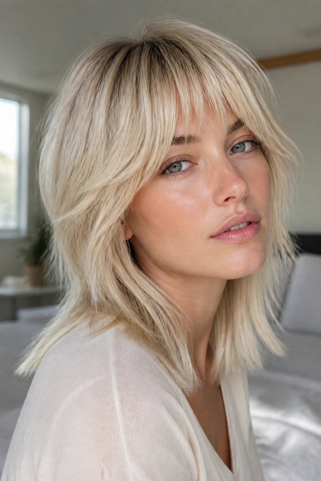Close-up of a real woman with Scandinavian Blonde Shag: pale blonde, soft underlayers, subtle root shadow.