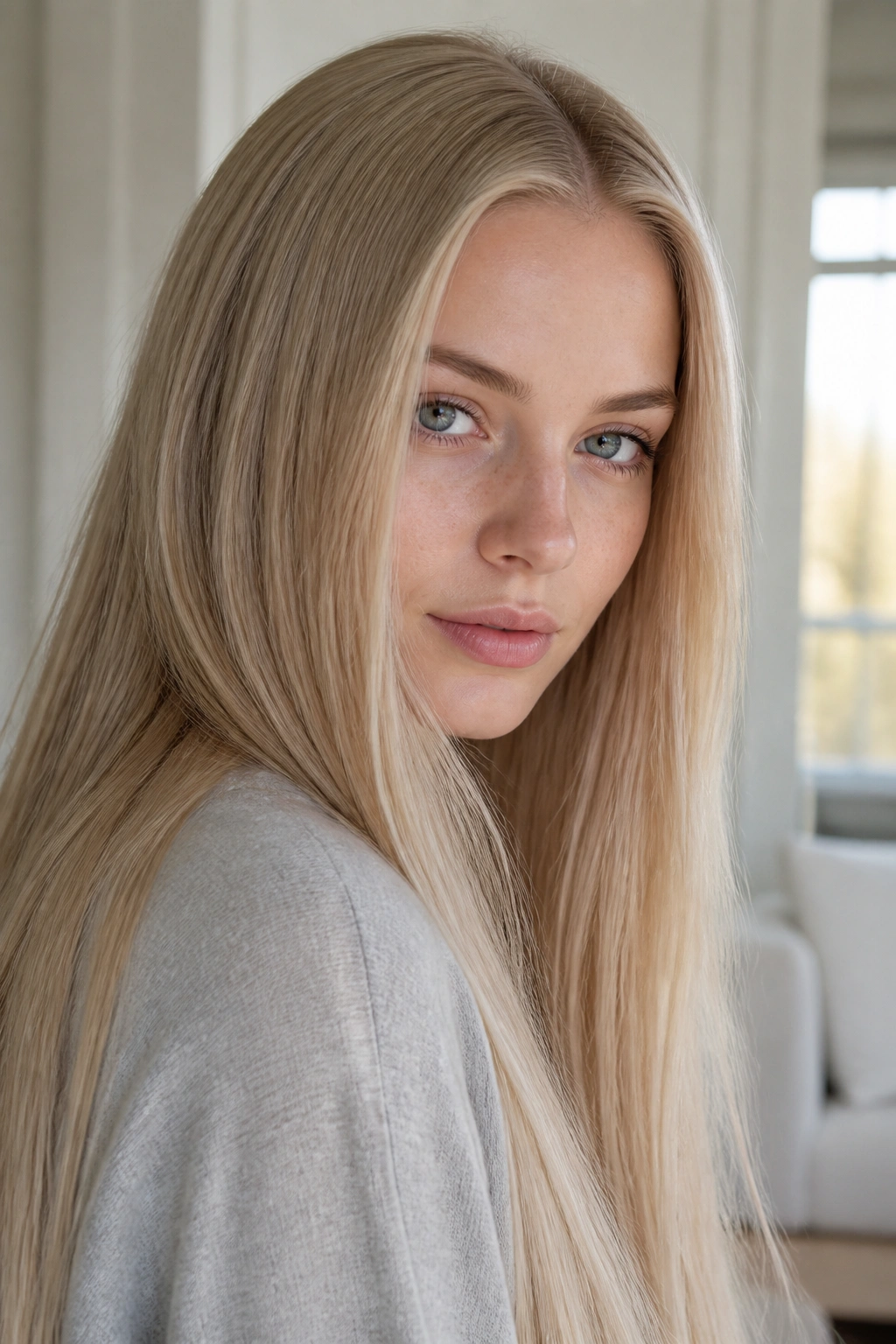 Portrait of a real person with Scandinavian sand blonde hair in a bright Nordic-inspired room.