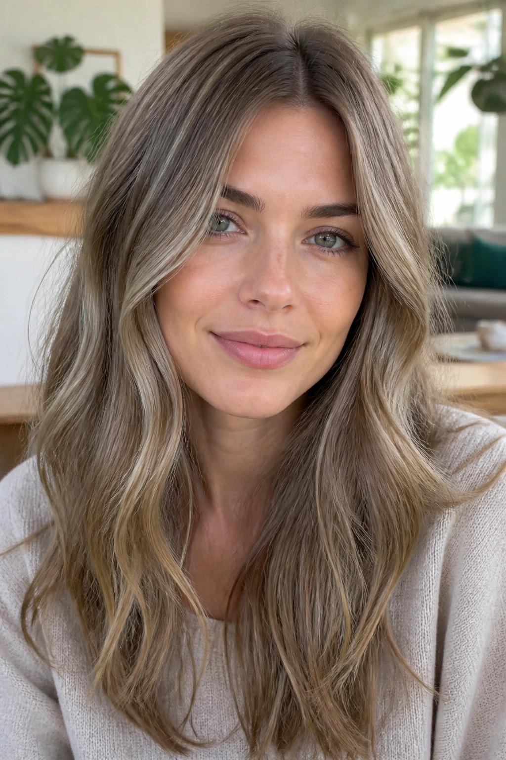 Close-up of a real person with Scandinavian smoke blonde brown hair, cool and crisp