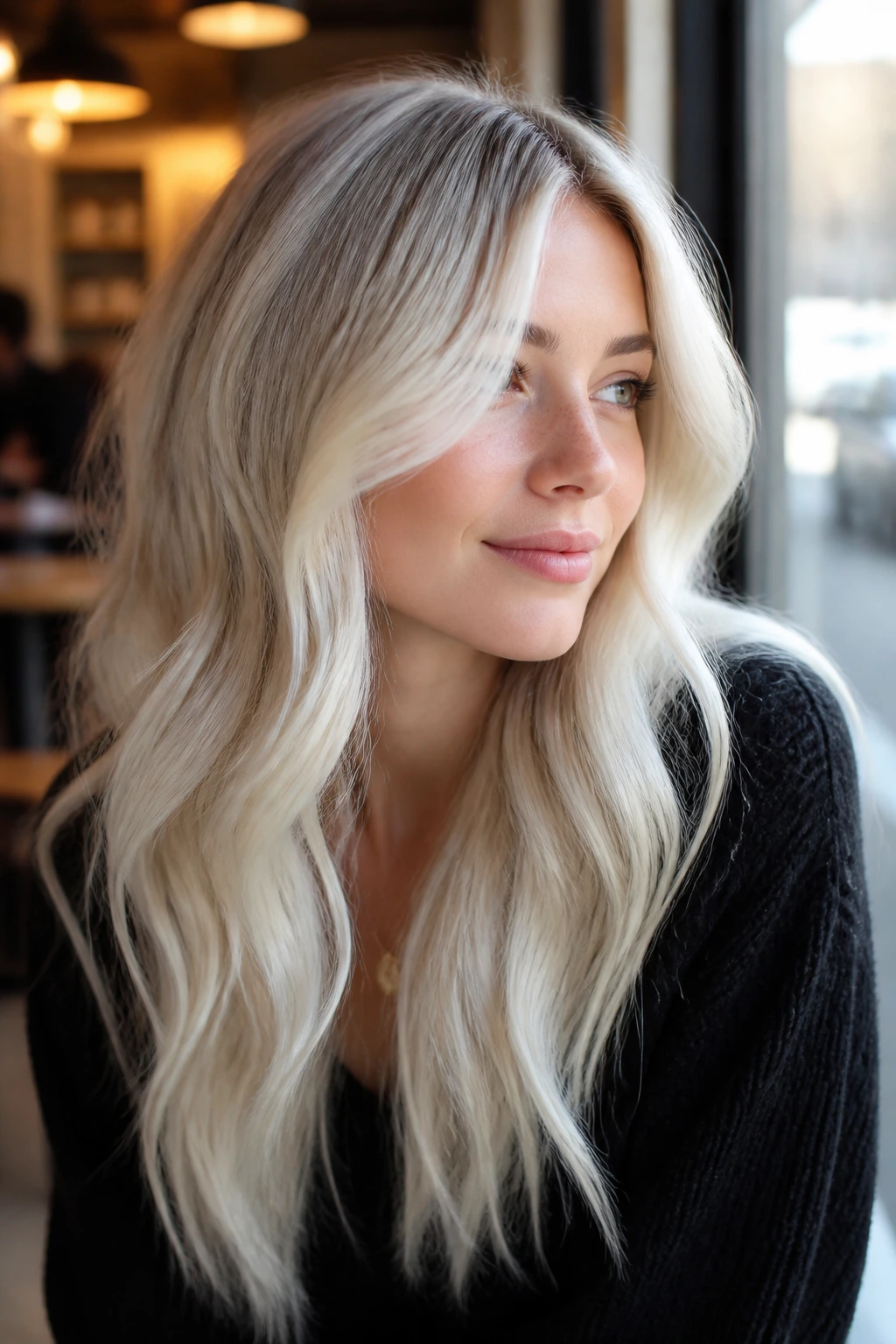 Portrait of a real person with Scandinavian white blonde and lived-in roots in natural cafe light.