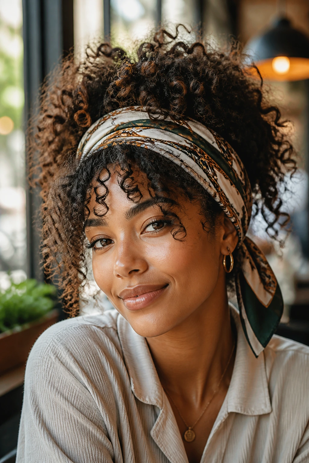 Close-up of scarf-accented curls with scarf around hairline on a real person.