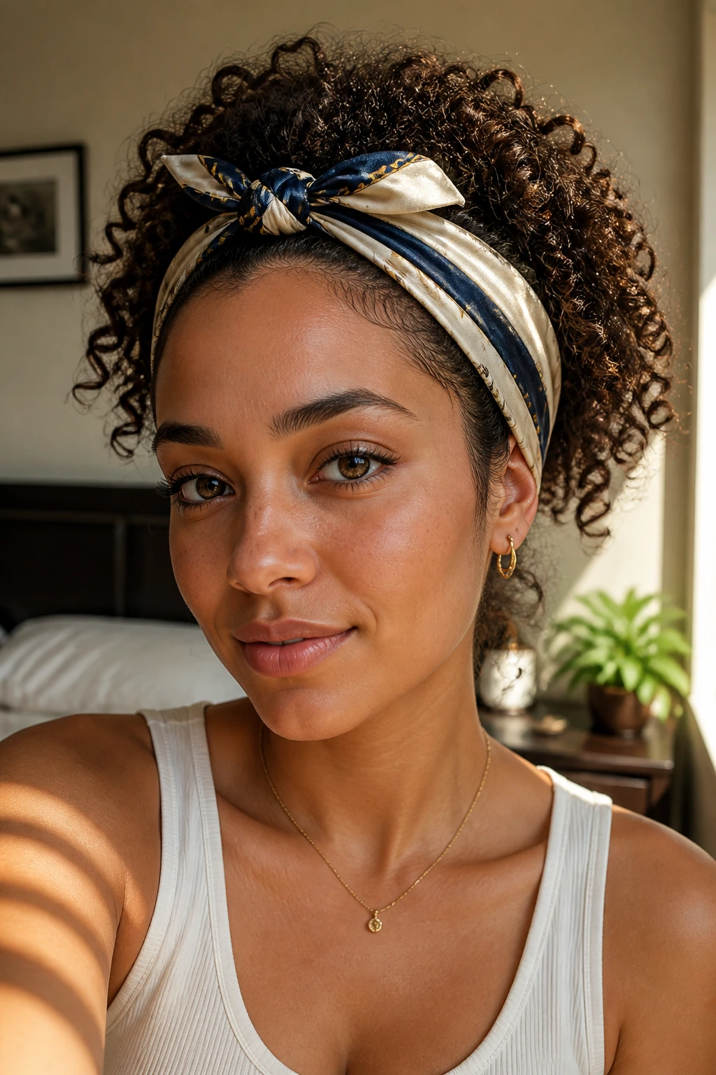 Close-up of a real woman wearing a scarf across the hairline with curls behind