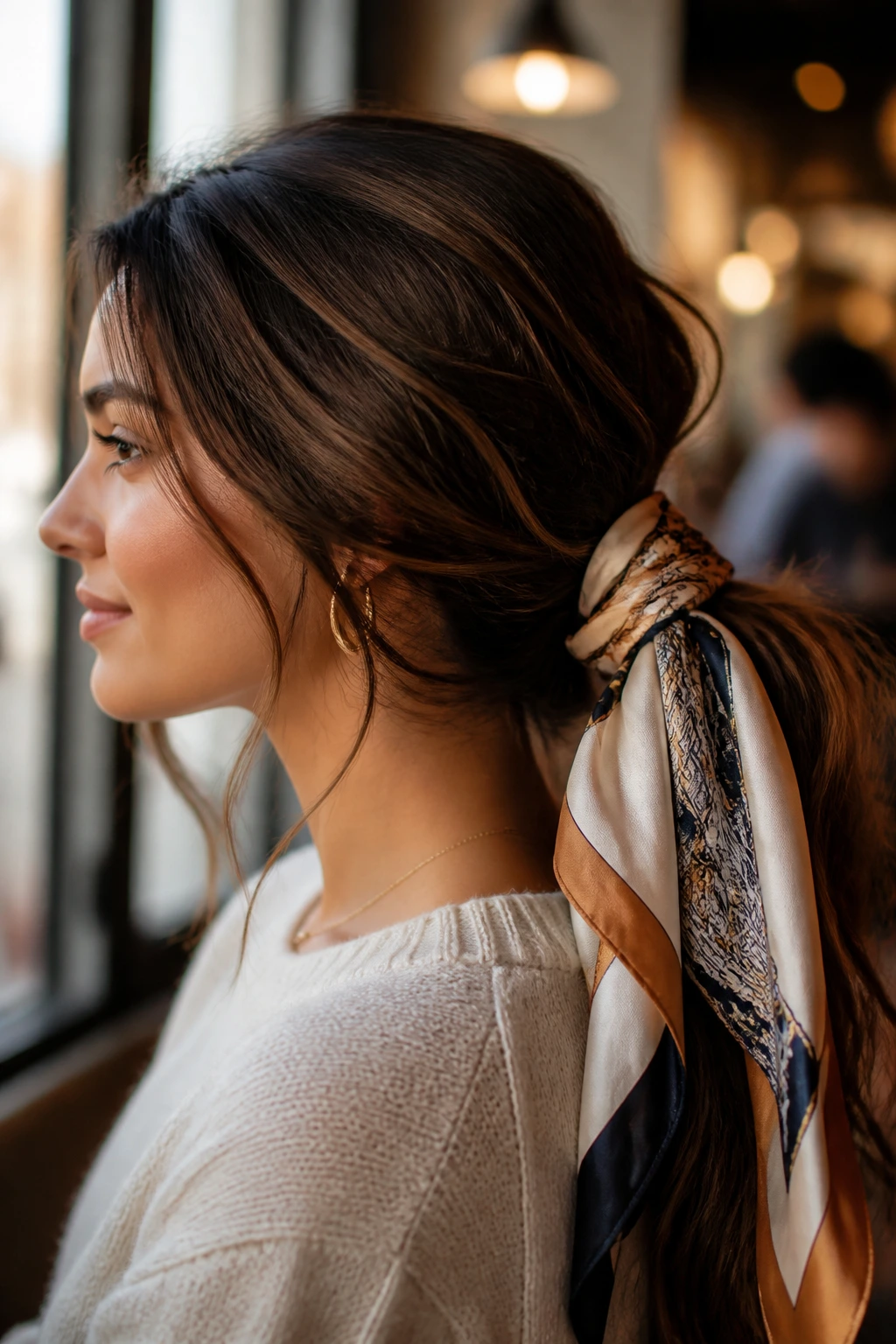 Close-up of a real woman with a low ponytail wrapped by a scarf