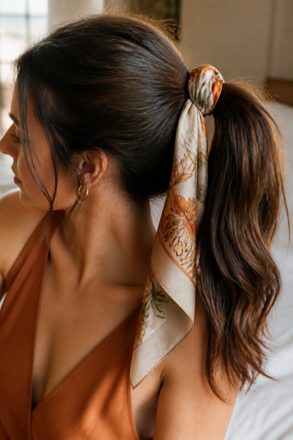 Close-up of a real woman with a thick ponytail tied with a silk scarf, warm natural light