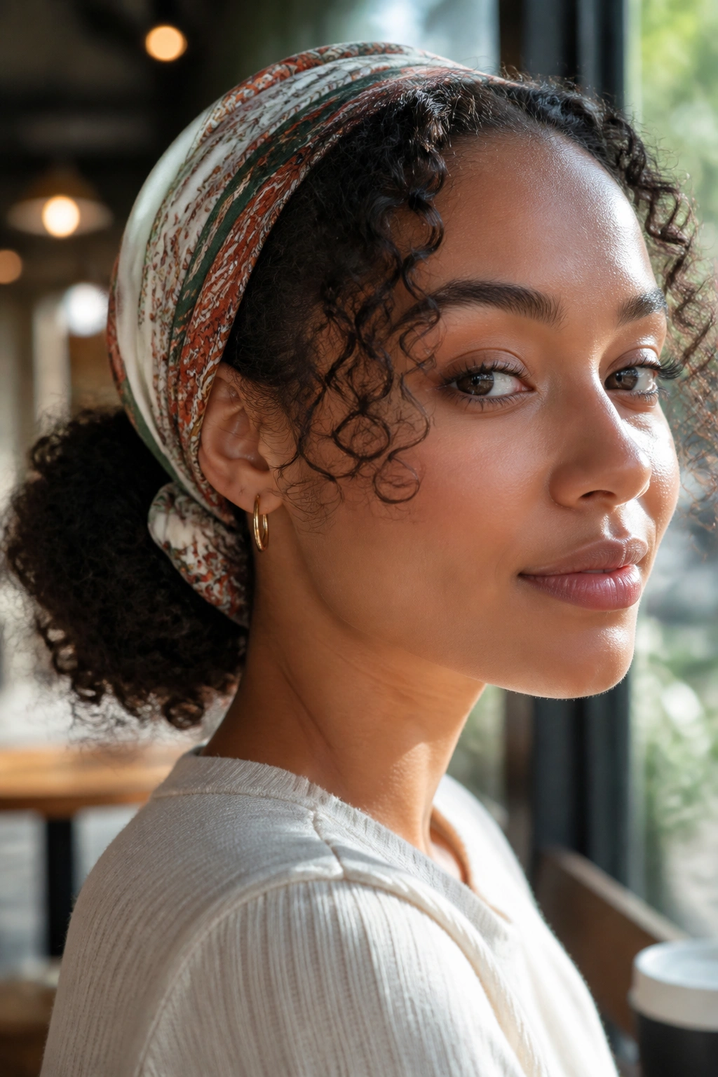 Close-up of a real woman with a scarf-tied low puff and visible curls beneath the scarf.