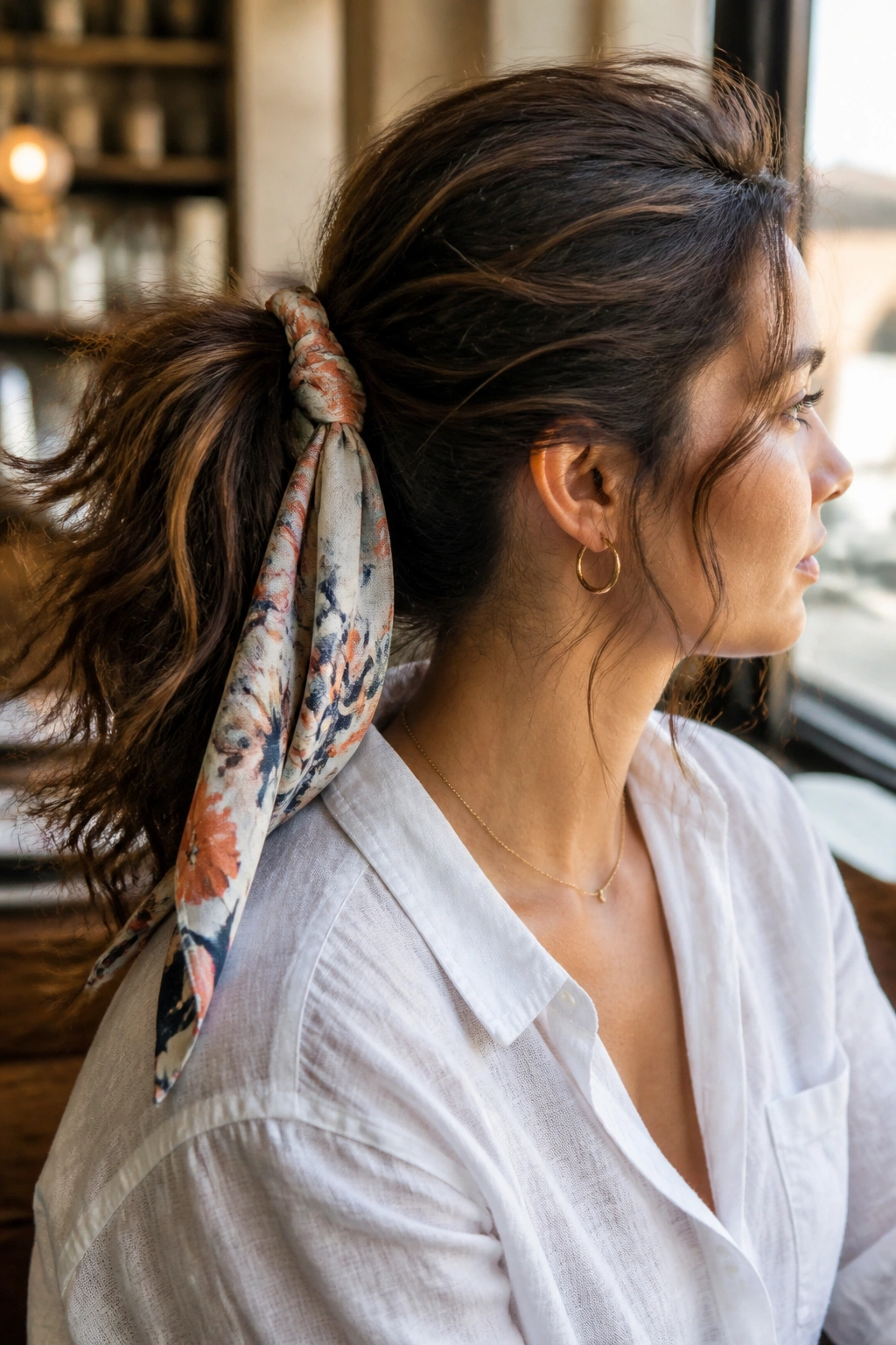 Close-up of a scarf-tied messy ponytail on a real woman with scarf trailing