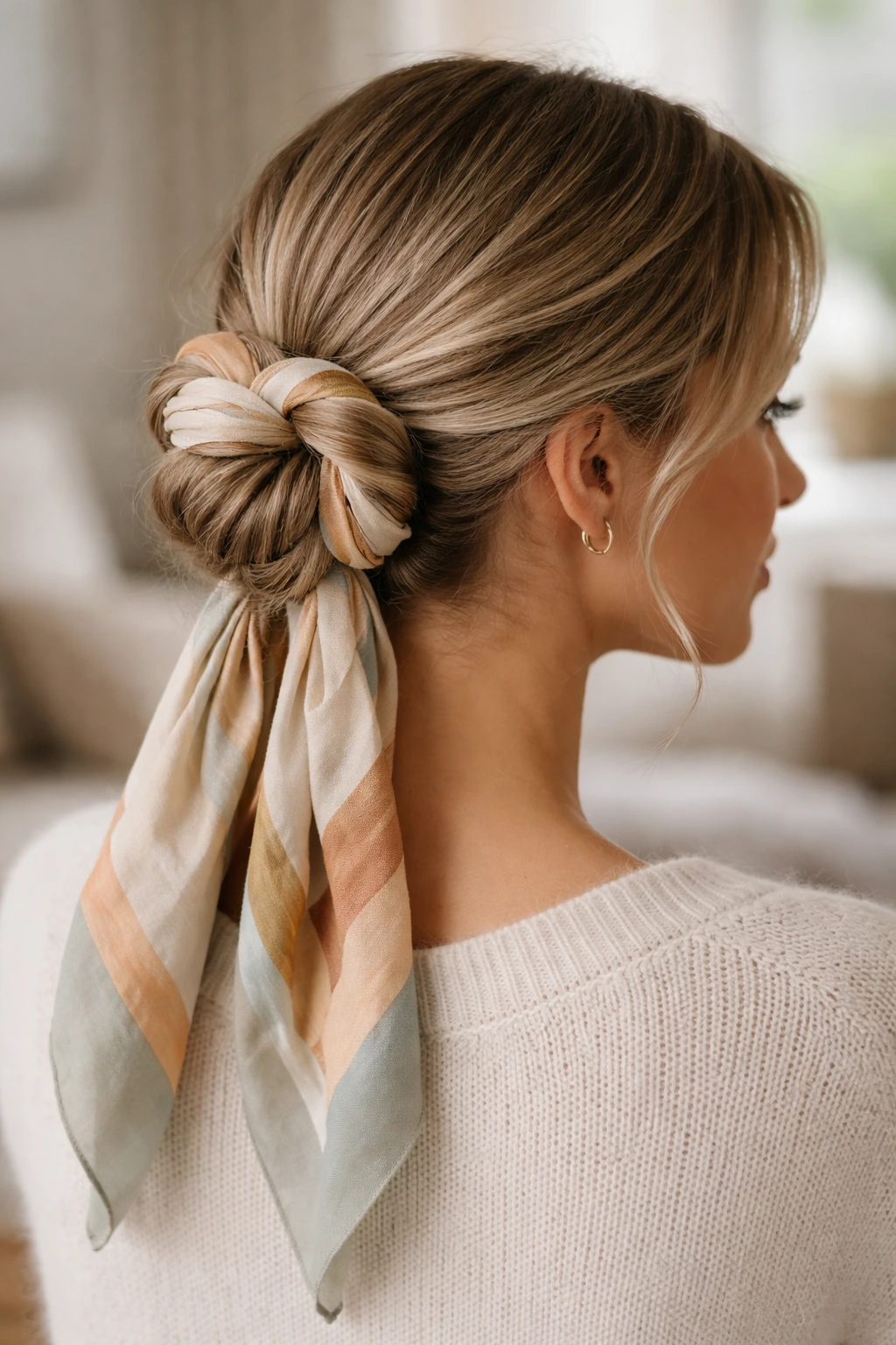 Portrait of a real woman with a scarf-woven low bun in natural light
