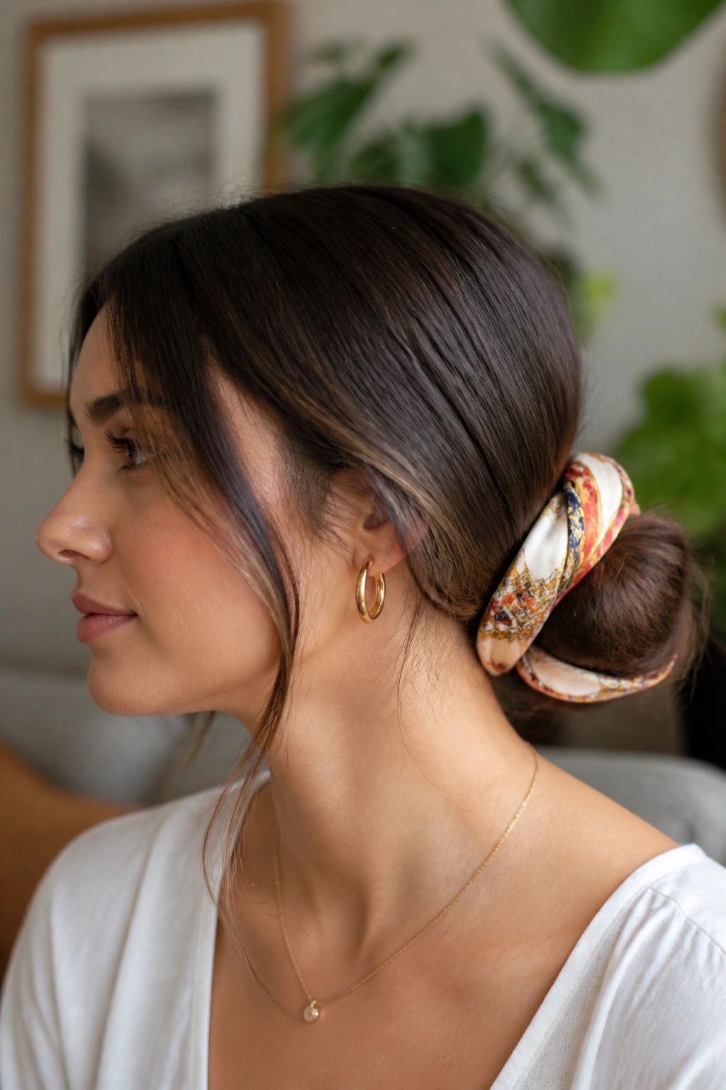 Close-up of a real woman with a scarf-wrapped bun