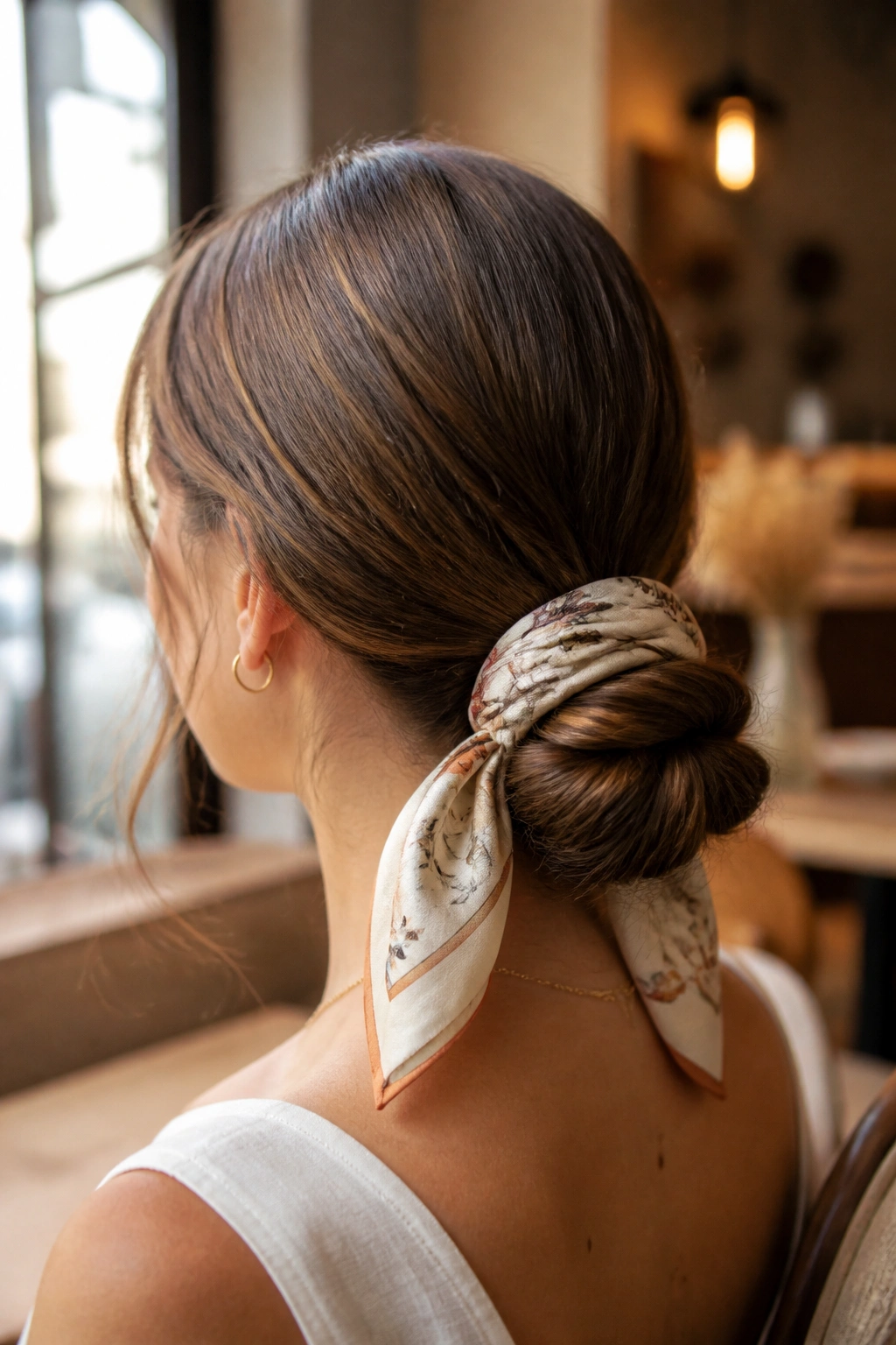 Rear view of scarf-wrapped low bun with a thin silk scarf at the nape