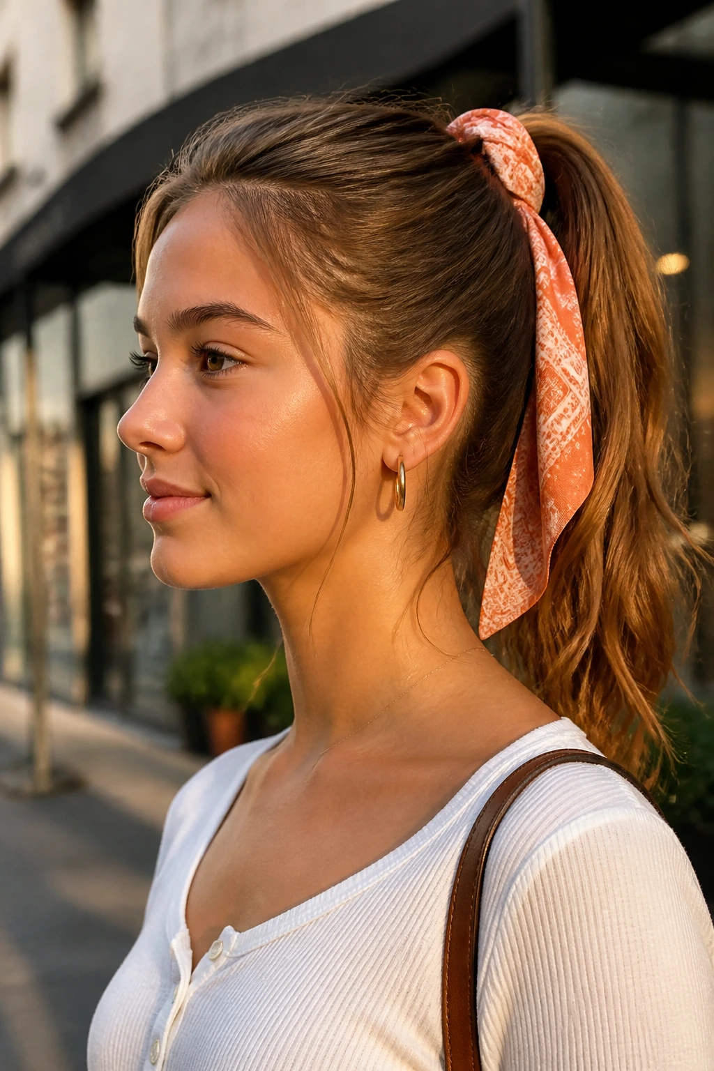 Portrait of a girl with a scarf-wrapped ponytail on a city street