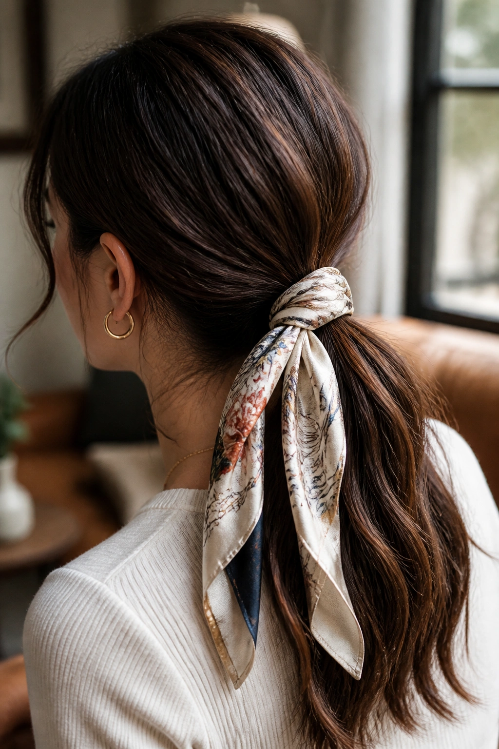 Close-up of scarf-wrapped low ponytail on thick hair with silk scarf