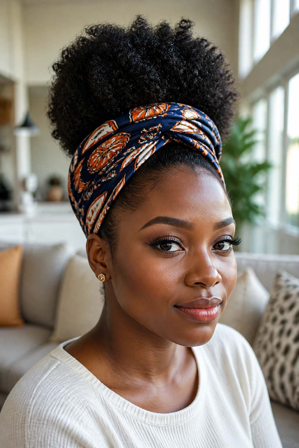 Woman with scarf-wrapped puff hairstyle.