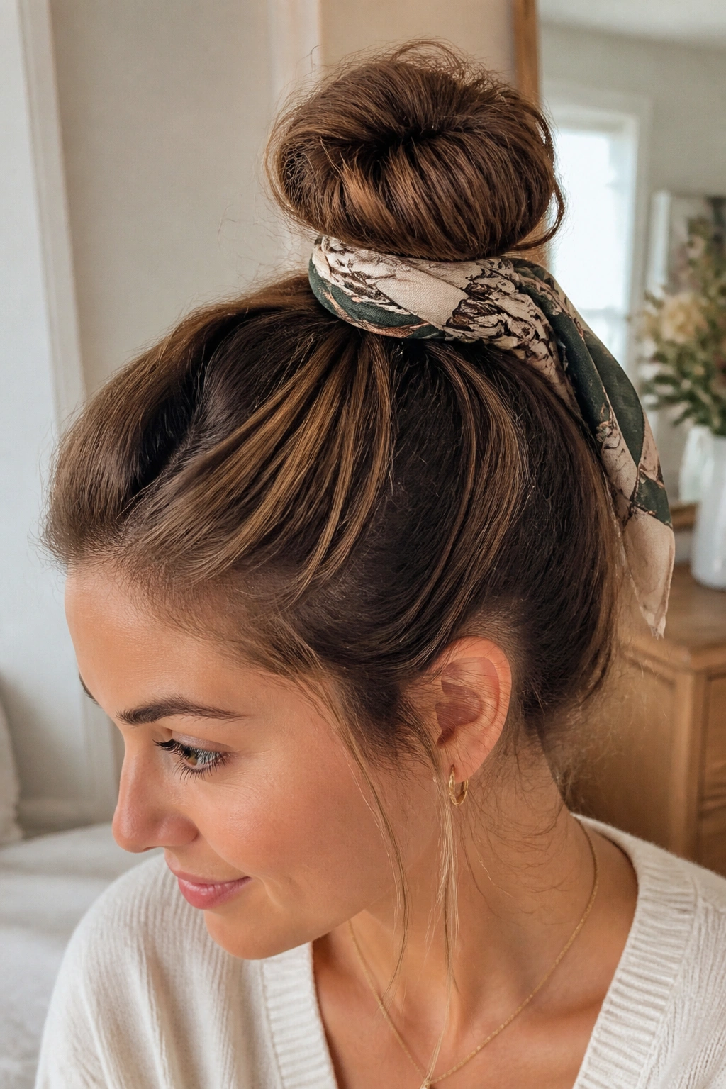 Close-up portrait of a real woman with scarf-wrapped top knot, scarf around bun base
