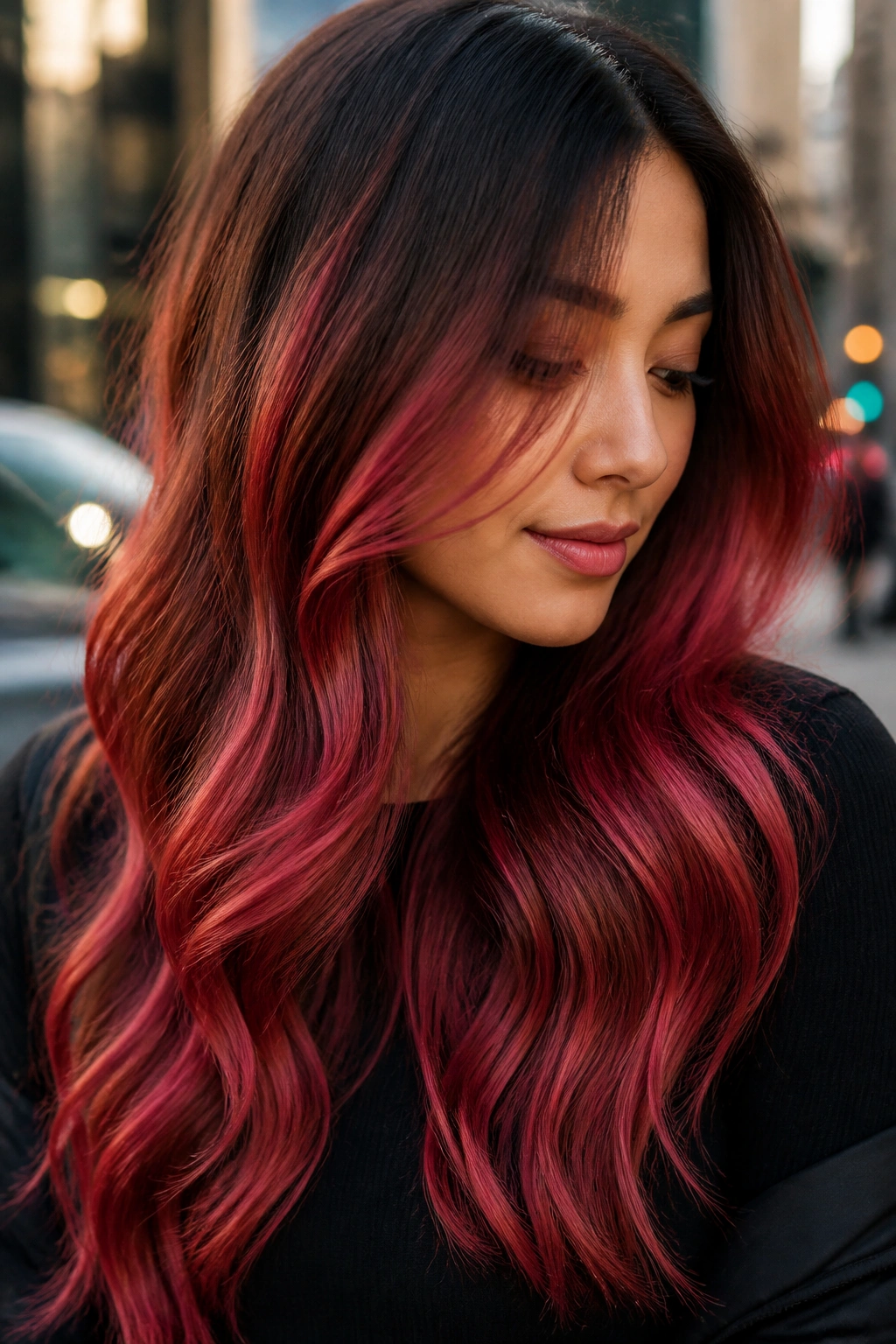 Close-up of long brunette hair with scarlet blush balayage and brown root stretch