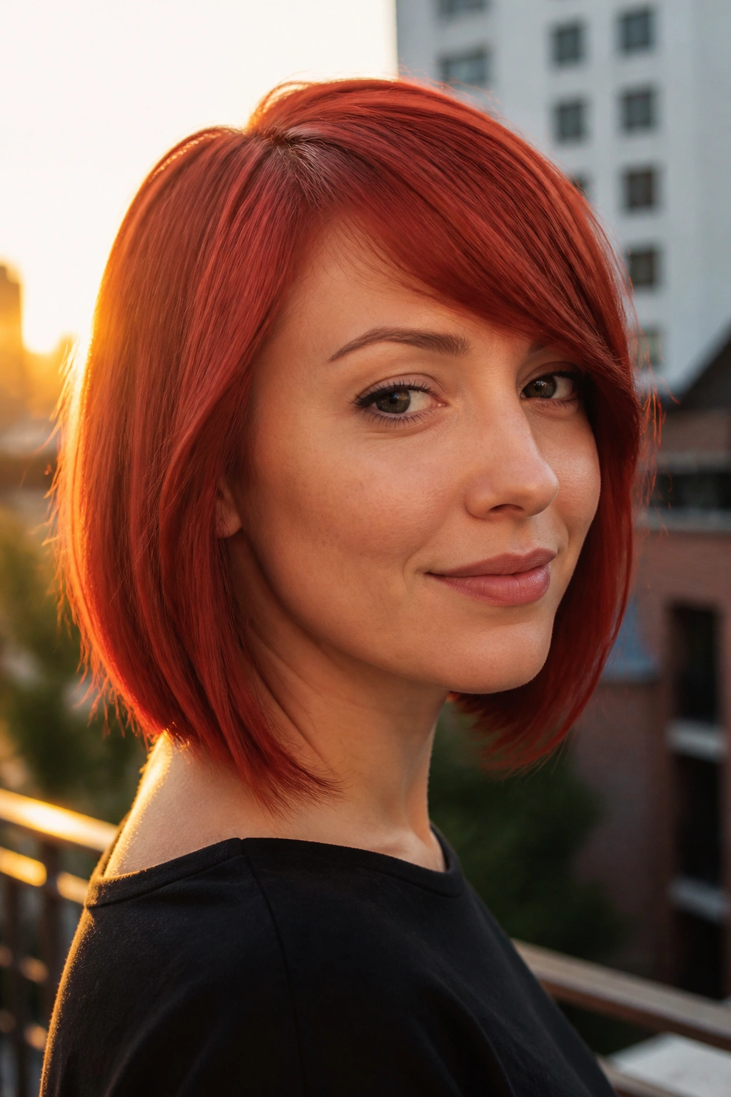 Close-up of a real woman with scarlet bob and side-swept fringe in golden hour light