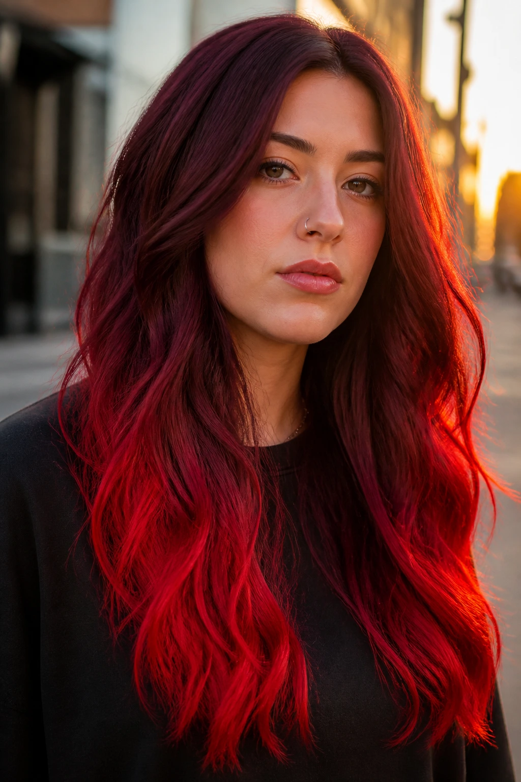 Close-up of long hair with scarlet burgundy half-and-half fade.