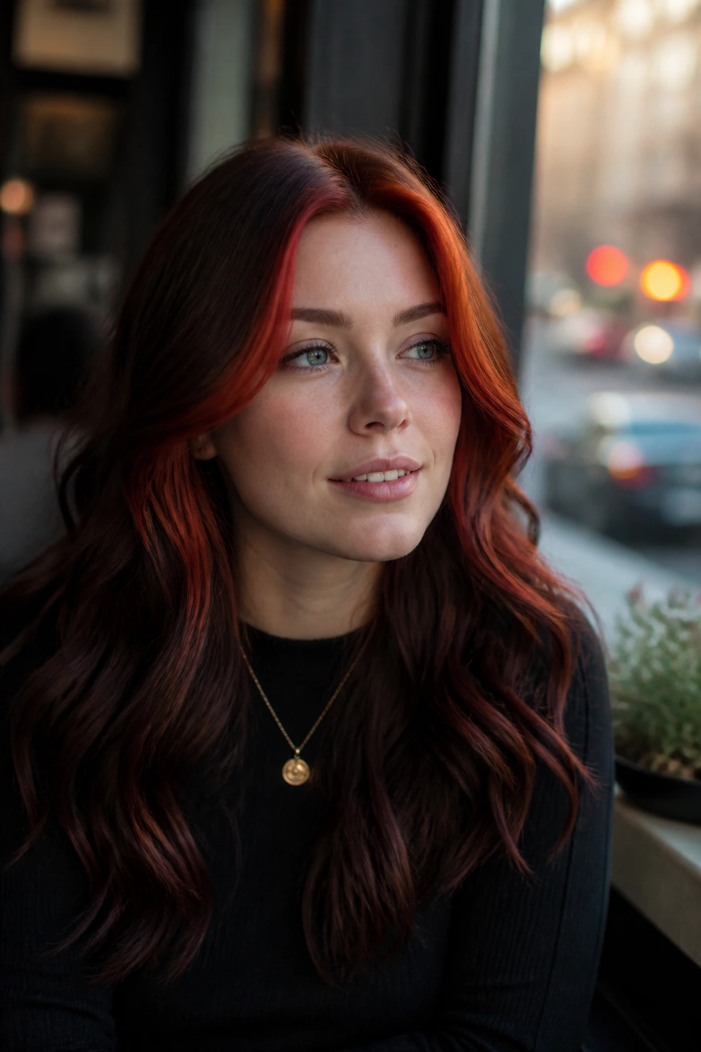 Close-up of a real woman with scarlet copper face frame hairstyle at a cafe window.