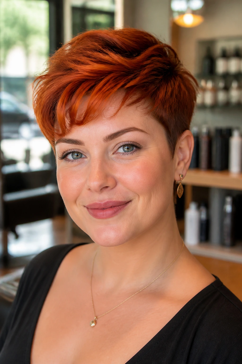 Portrait of a woman with scarlet copper pixie cut showing brighter top and deeper sides