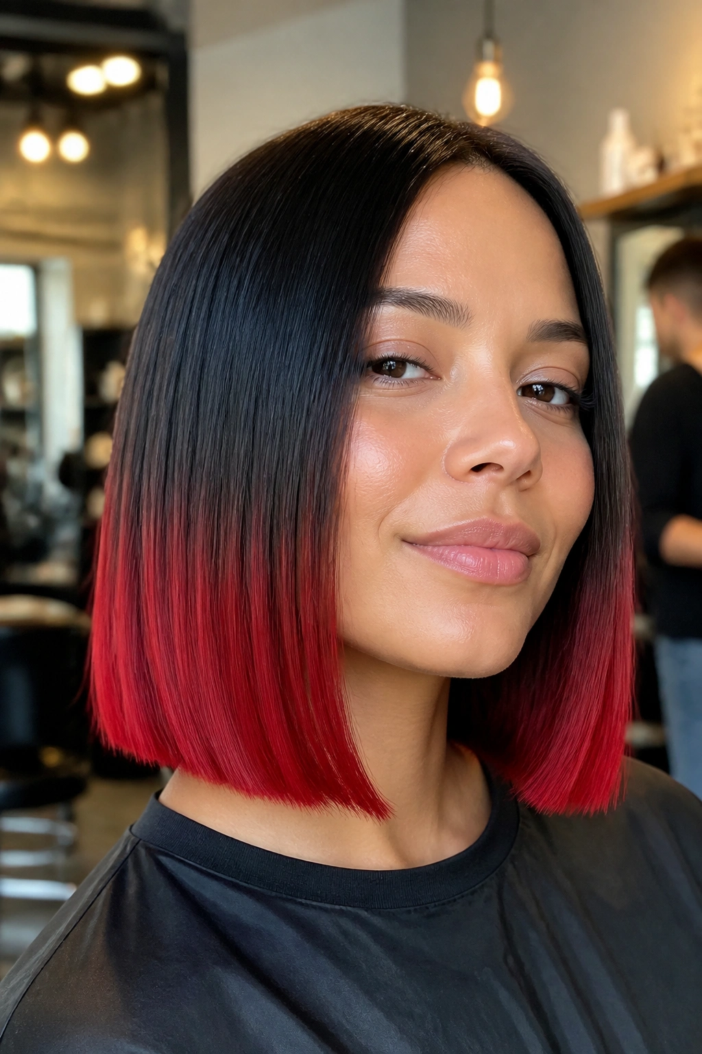 Close-up of a woman with a scarlet dip-dye on a shoulder-length blunt cut, saturated red ends in a salon.