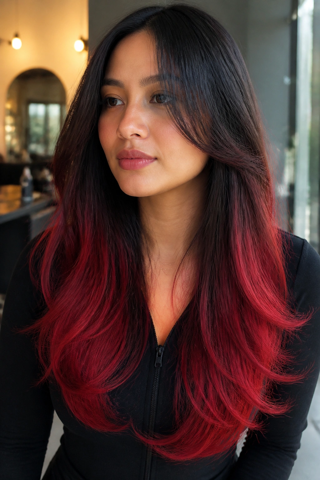 Close-up portrait showing scarlet ends on long U-cut hair of a real person