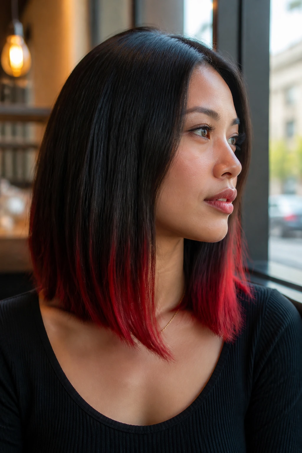 Close-up of woman with sleek lob and scarlet ends along bottom third hair