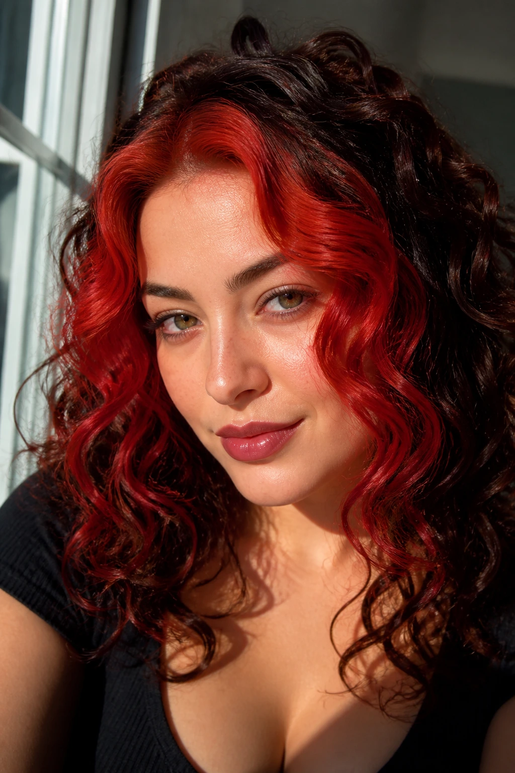 Close-up of a real woman with a scarlet face frame around the cheeks and forehead