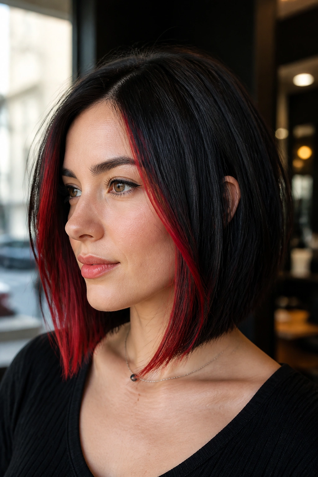 Close-up of a lob with scarlet face-framing slices around the cheeks