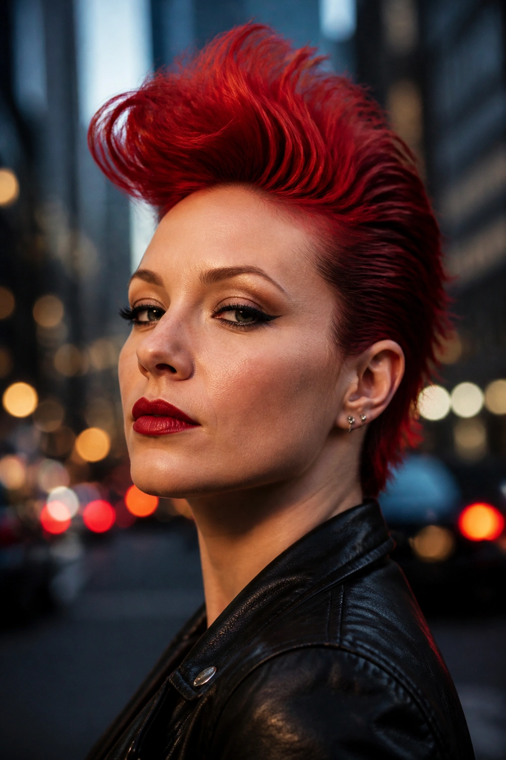 Real person with scarlet faux hawk against urban background