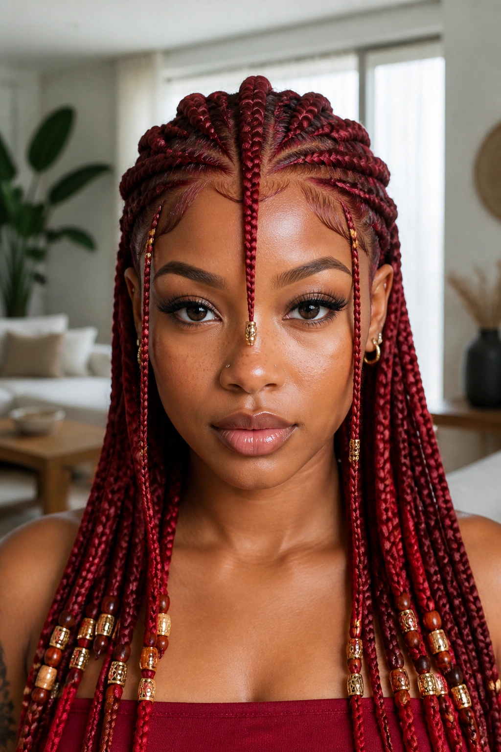 Close-up of scarlet Fulani braids on a Black woman