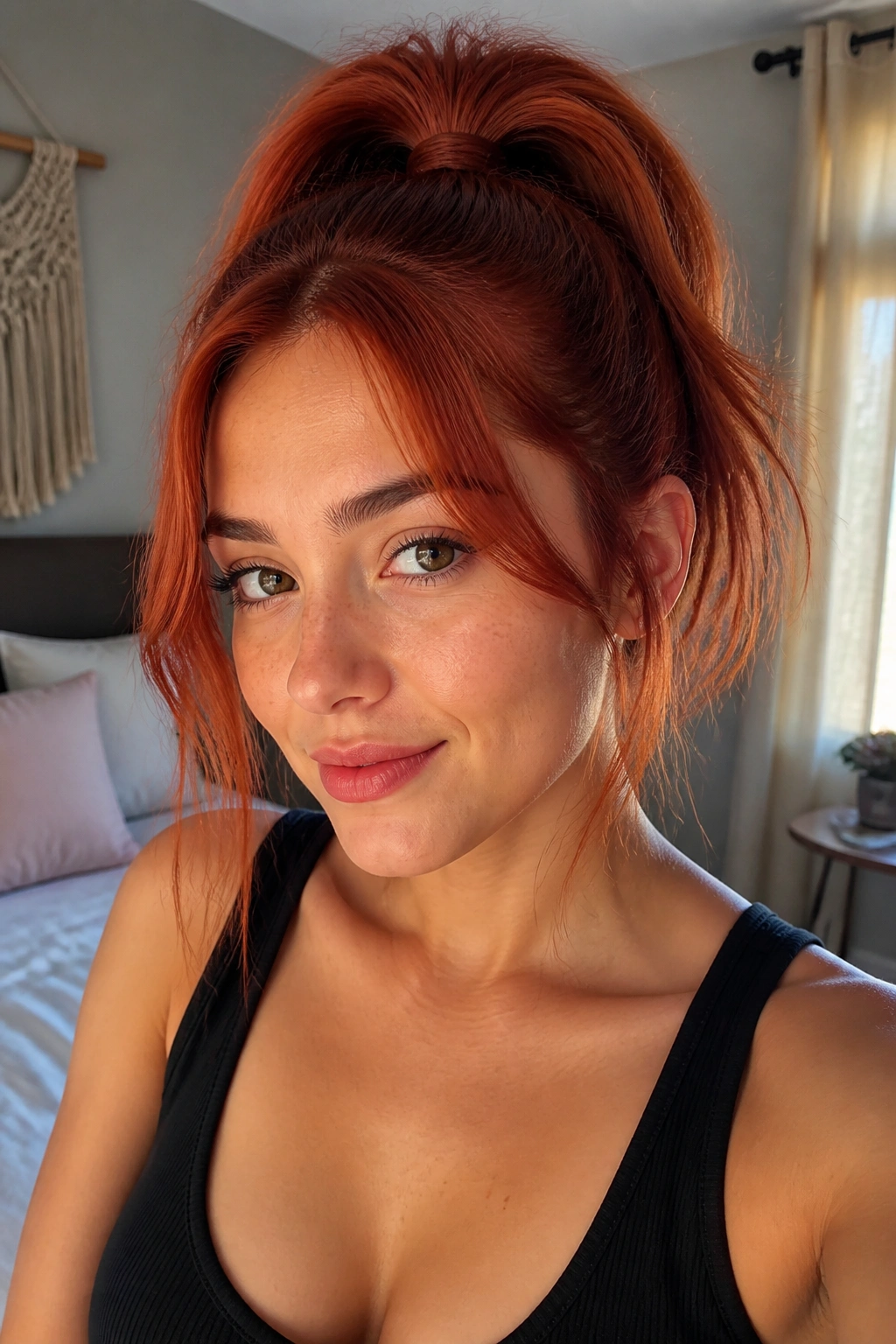 Head-and-shoulders portrait of a real woman with a scarlet high pony and loose face-framing pieces.