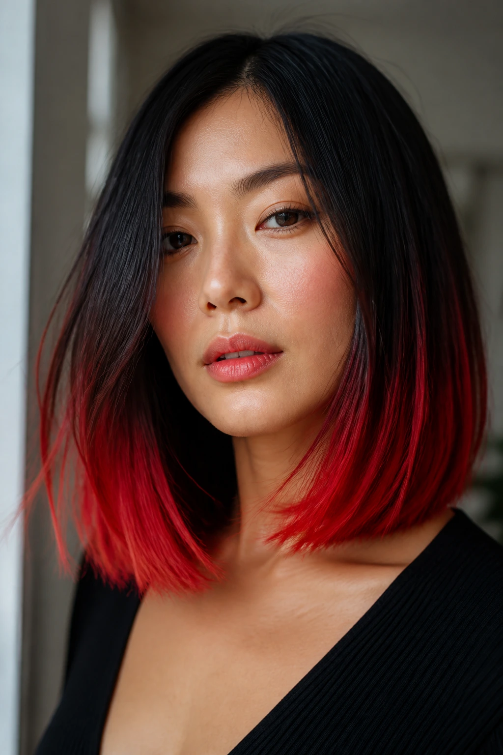 Close-up of a real person with scarlet-tipped lob under warm window light