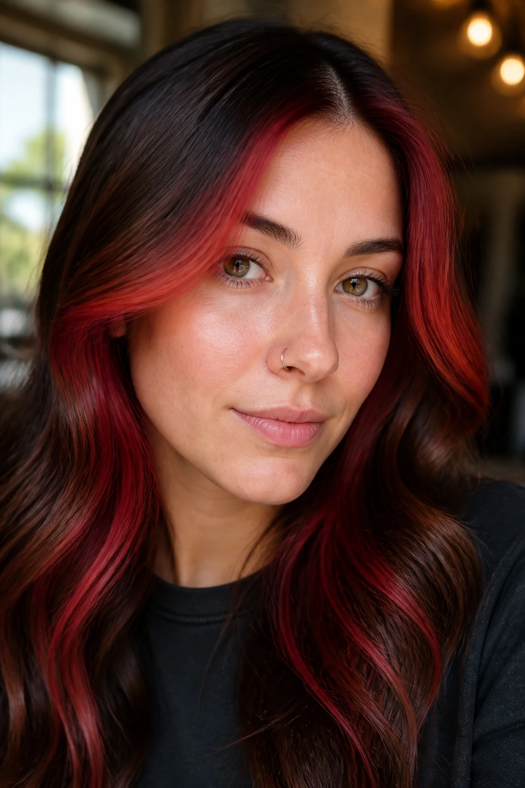Close-up of a real woman with scarlet front pieces framing the brown hair