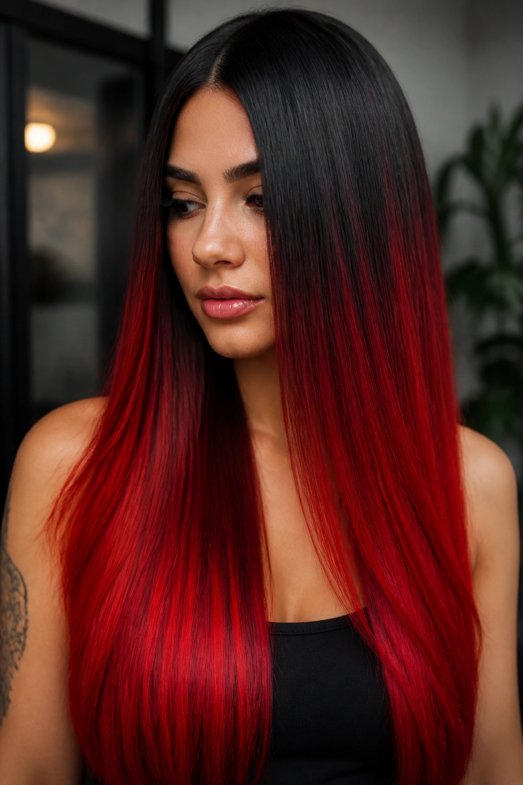 Close-up portrait of a real woman with straight center-parted scarlet ombre