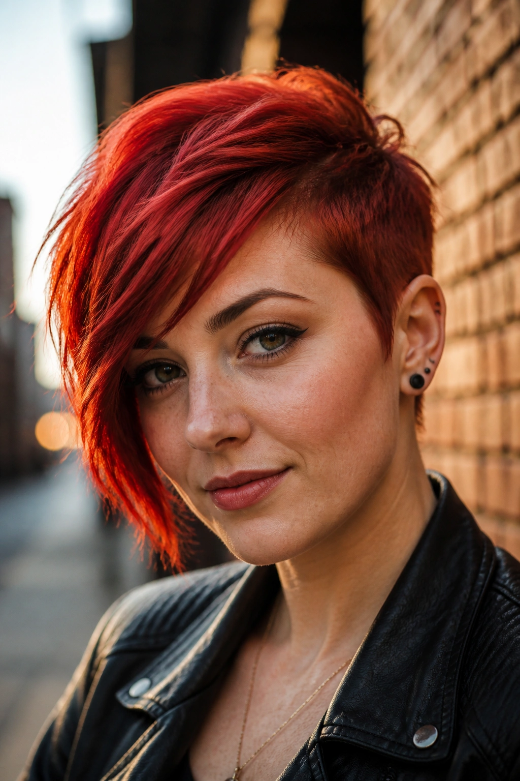Real person with scarlet asymmetrical pixie on urban street